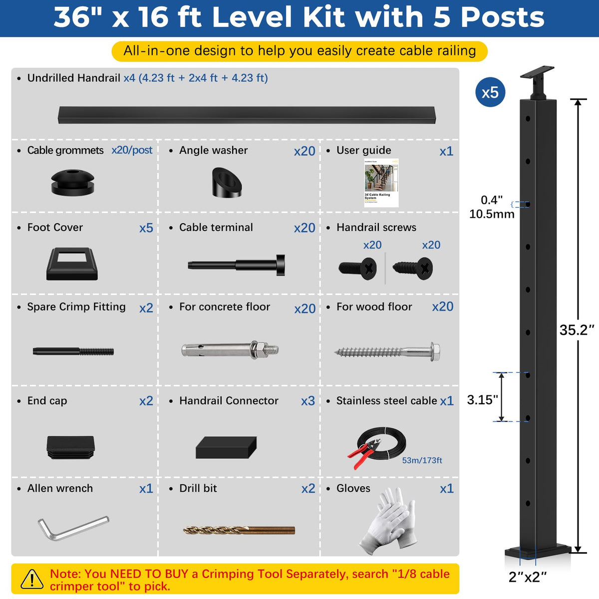 2ft-4ft Modular 36in Cable Railing System for Deck with Handrail