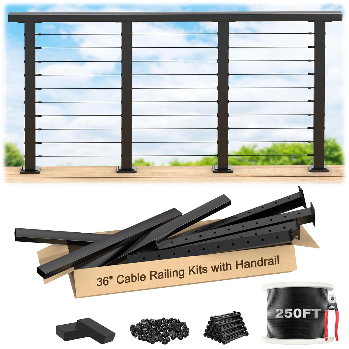 12ft-16ft Complete Set 36" Cable Railing Post with Handrail, 4 Pack Surface Mount Flact Top Level-Drilled Posts, 250ft 1/8" Wire Rope, Swageless Black Cable Railing System Kit, MY20-LP