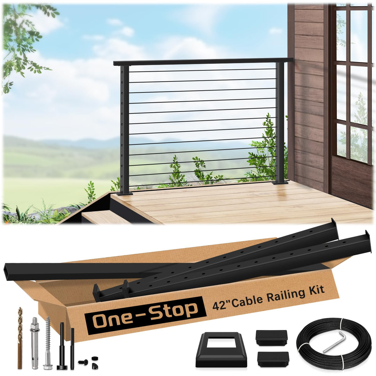 2ft-4ft Modular 42in Cable Railing System for Stair with Handrail
