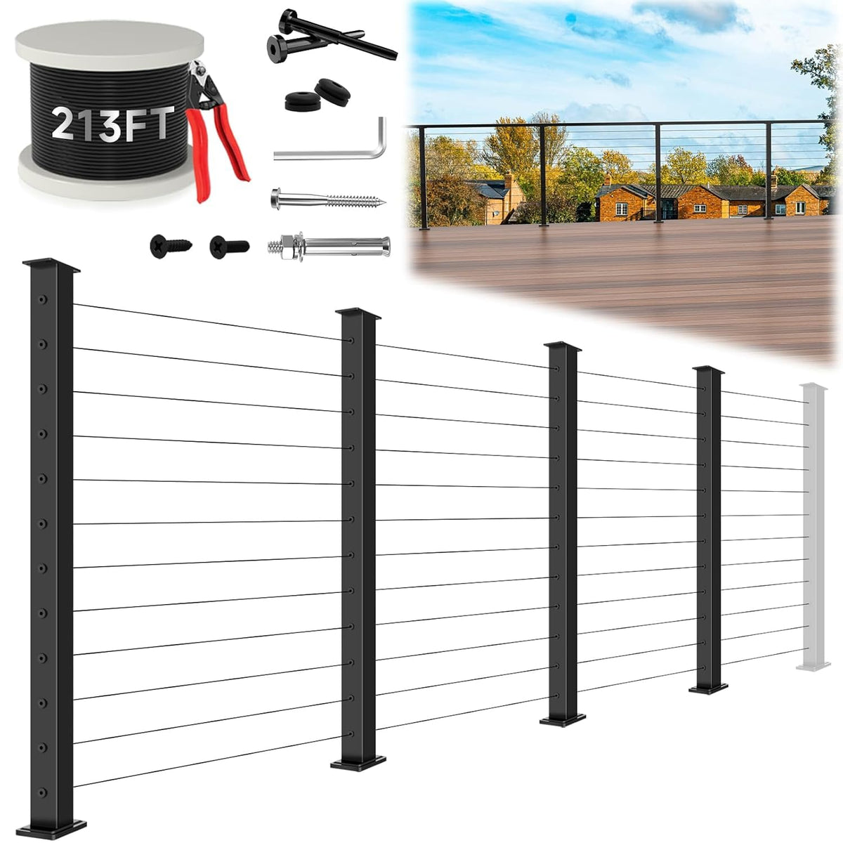 42" Modular 20-24FT Cable Railing Post Kit for Deck, Surface-Mount
