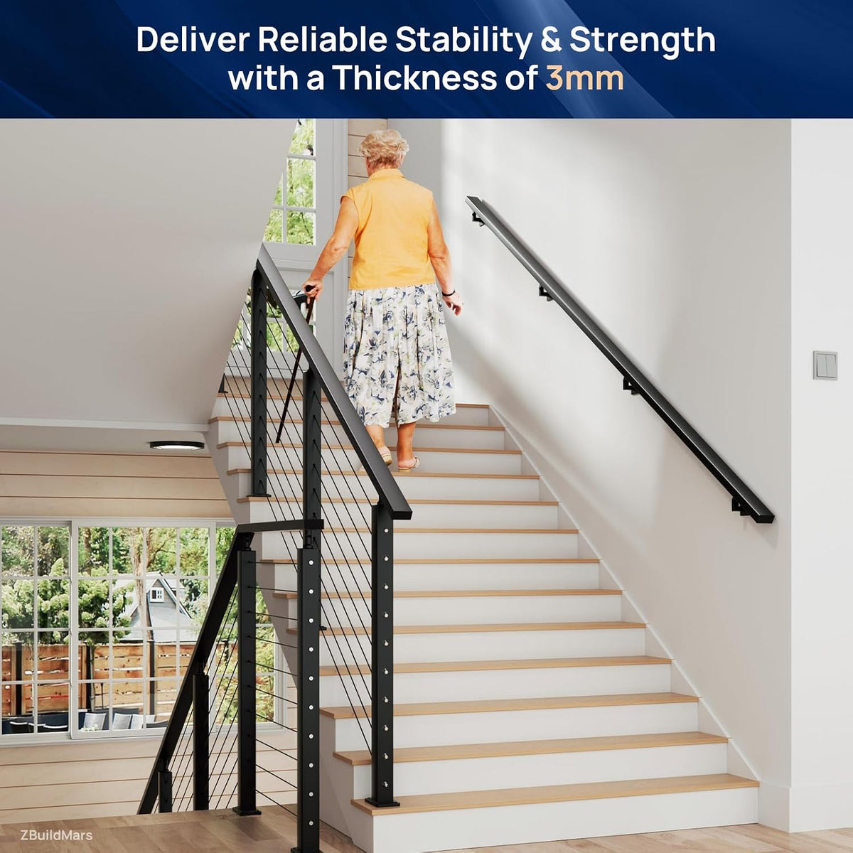 2 Pack 9FTx 2-3/8"x1-3/16 Aluminum Black Handrail with Self Drilling Screws Nylon End Caps, AAMA 2604 Coating, 3mm Thick Flat Handrail Cuttable Top Rail for Deck Stair Railing Indoor Outdoor