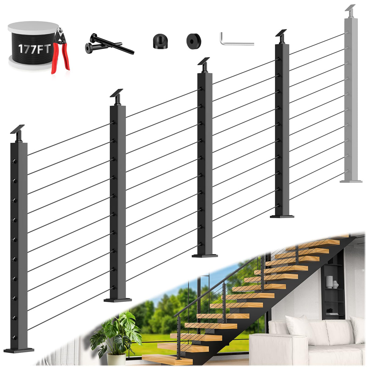36" Modular 12-16FT Cable Railing Post Kit for Deck Surface Mount