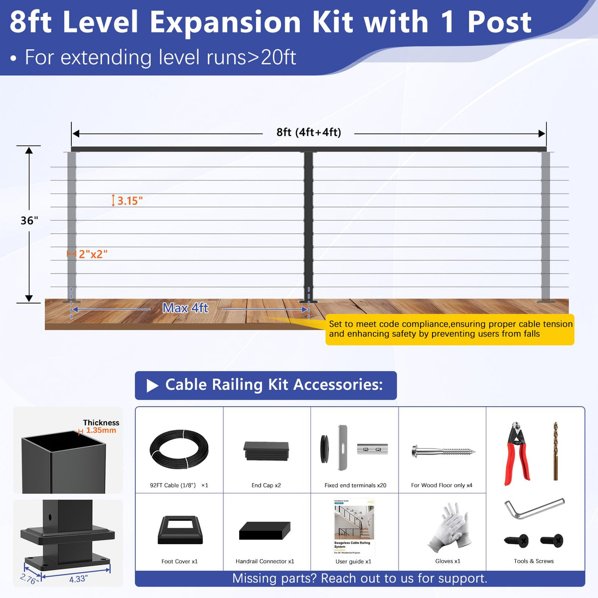 2ft-4ft Modular 36in Cable Railing System for Deck with Handrail