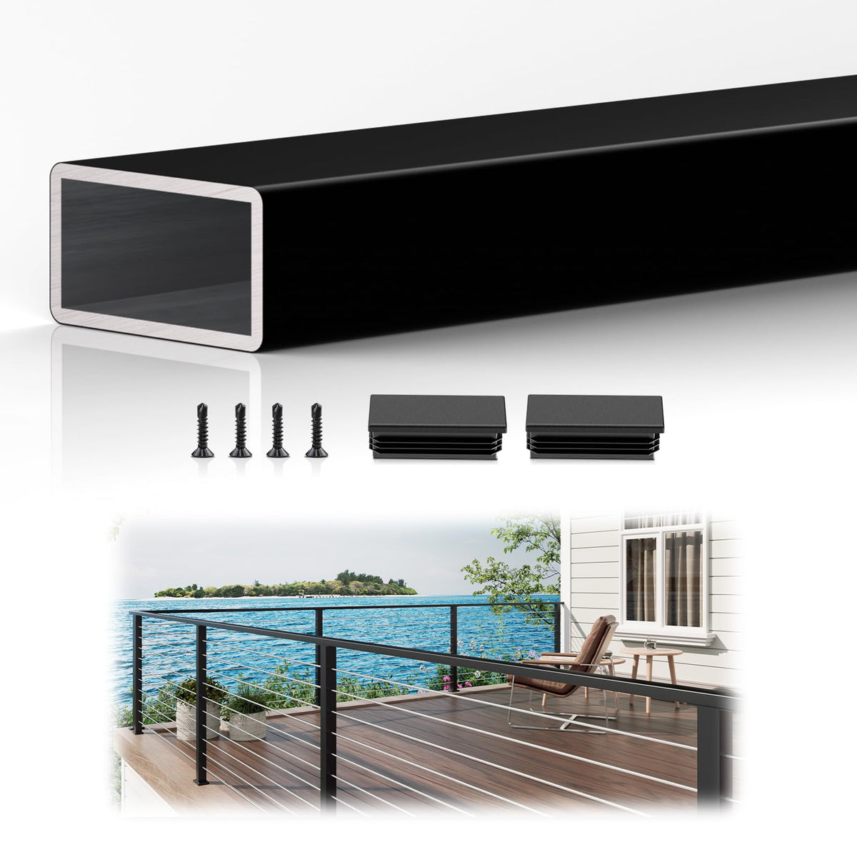 10FTx 2"x1" Aluminum Black Handrail with Self Drilling Screw Nylon End Caps