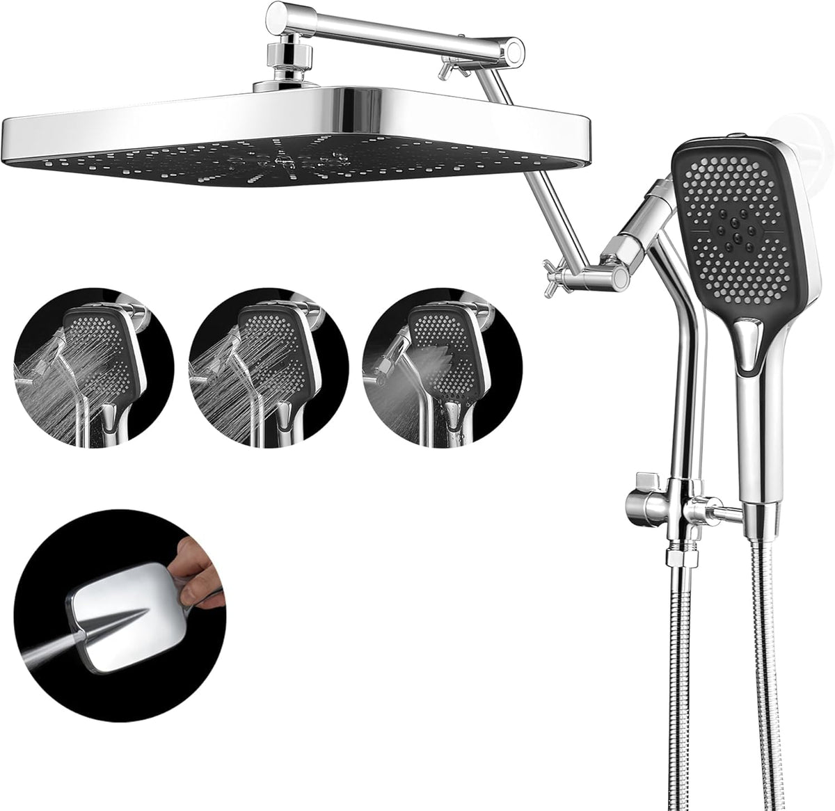 12" High Pressure Shower Head with Handheld, Metal Core Fittings, Chrome