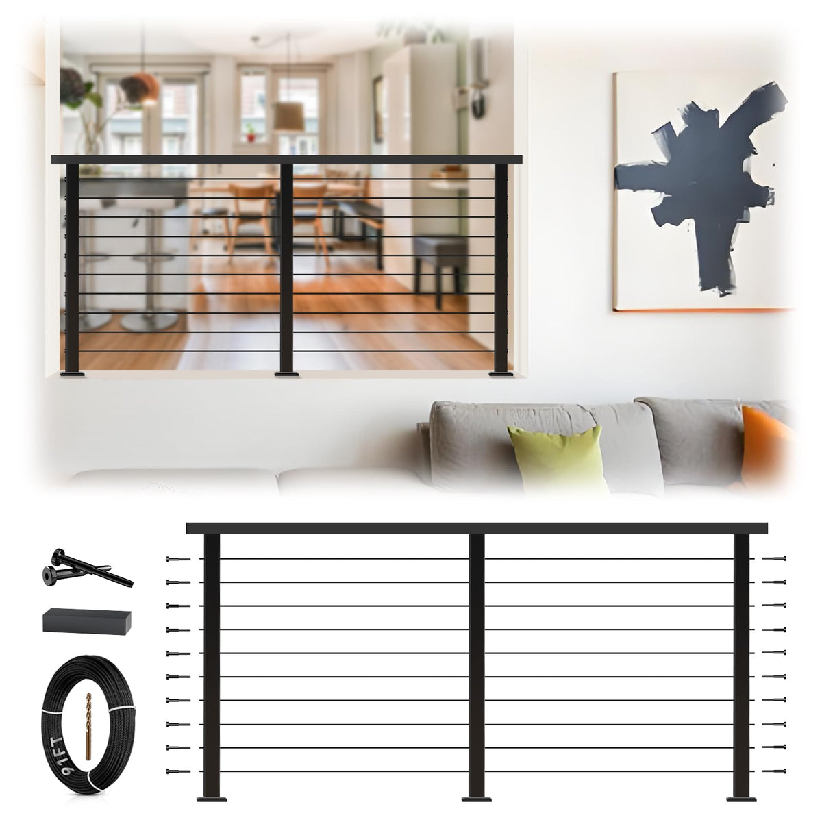 2ft-4ft Modular 36in Cable Railing System for Deck with Handrail