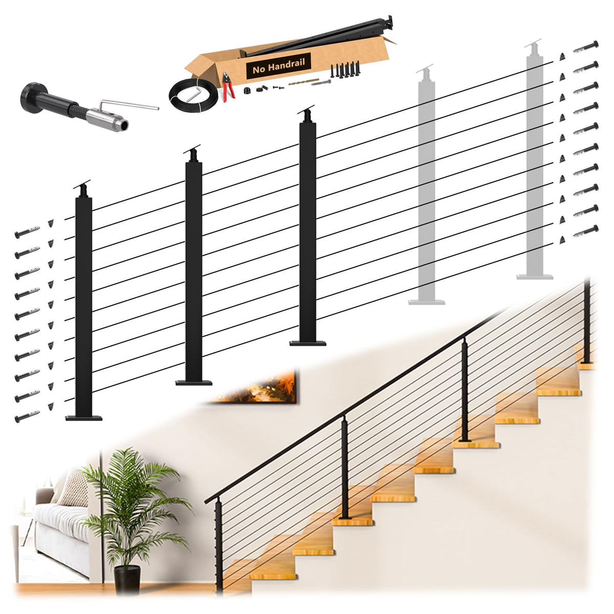4 Pack 36" Modular Swageless Cable Railing Level Post for Decks