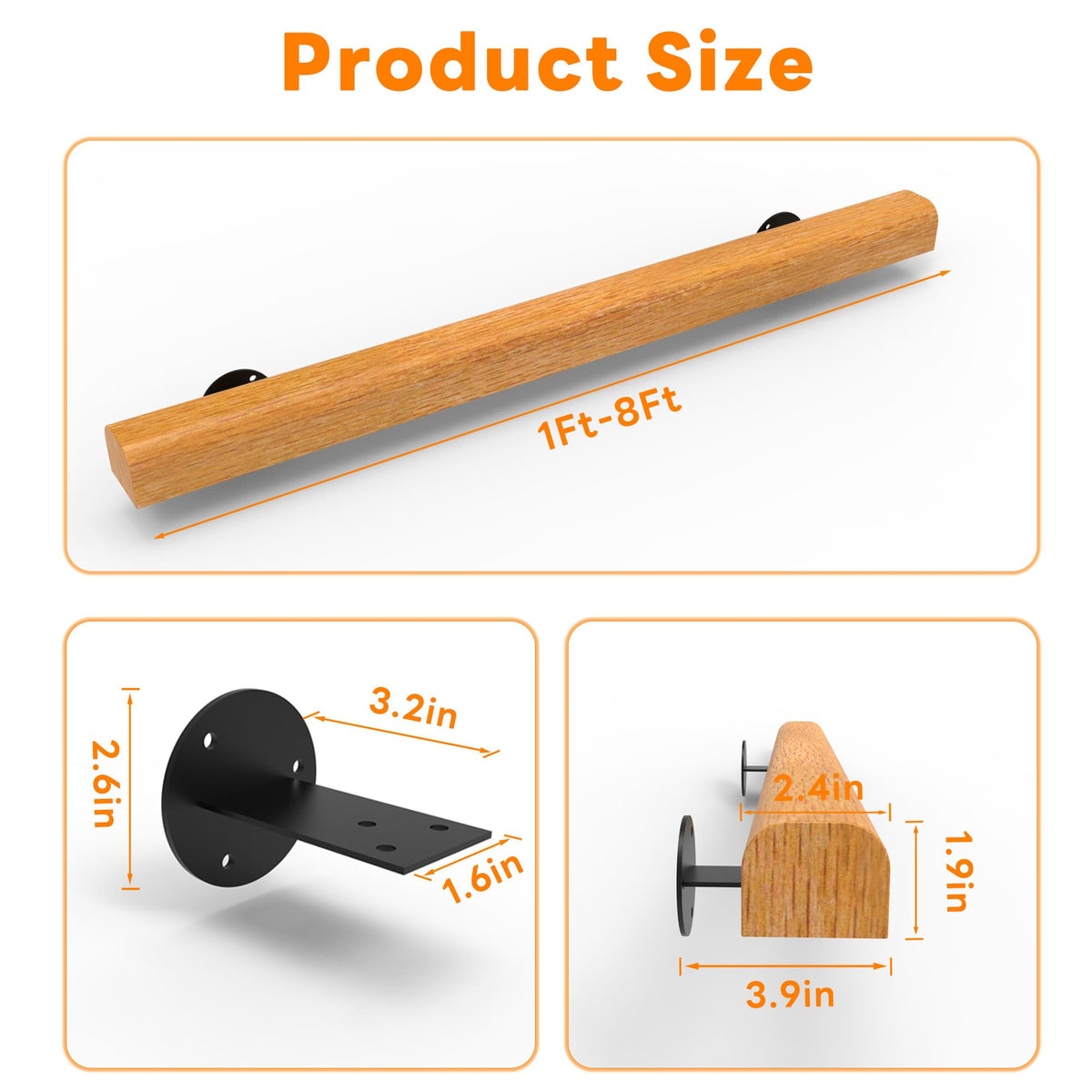 10FT Wood Stair Handrails Wall Mount, Hand Railings for Stairs Indoor Outdoor, Non-Slip Staircase Handrail for Corridor, Lofts, Patio, Kindergarten Guardrail (Size: 10ft)