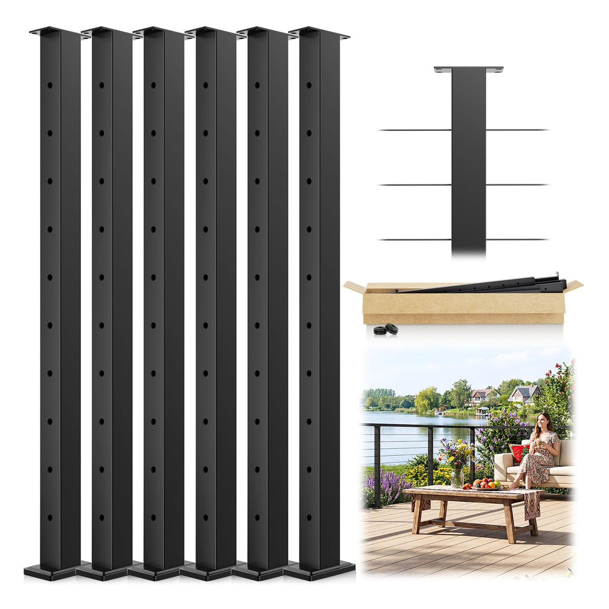 4 Pack 36" Modular Swageless Cable Railing Level Post for Decks