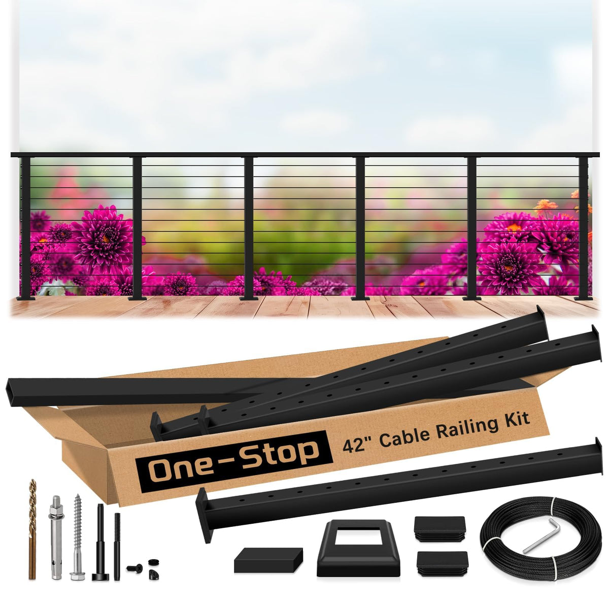 2ft-4ft Modular 42in Cable Railing System for Stair with Handrail