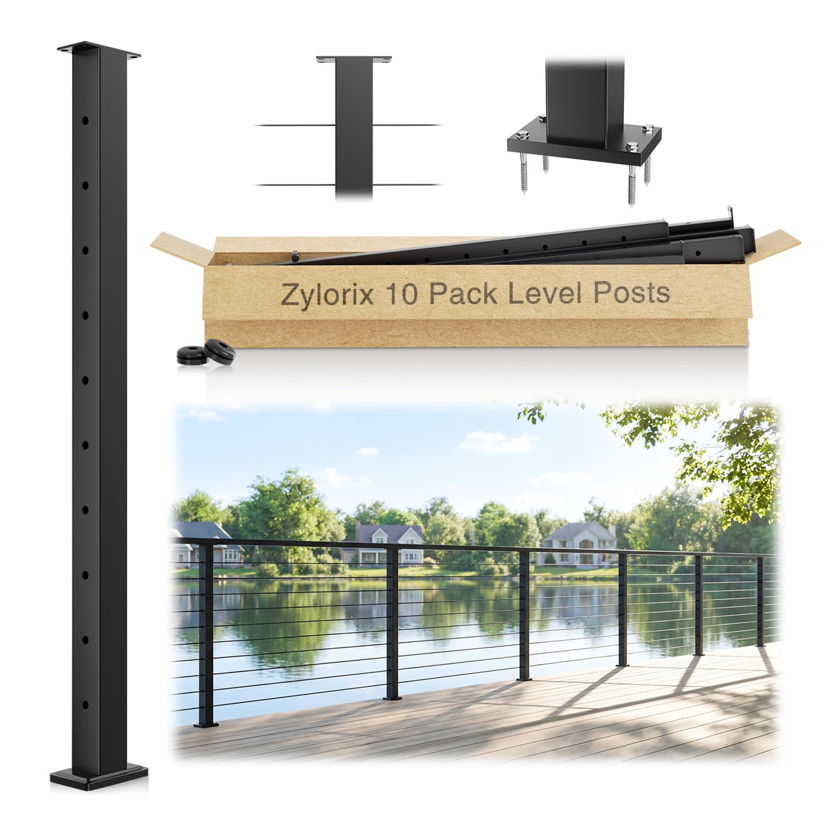 4 Pack 36" Modular Swageless Cable Railing Level Post for Decks