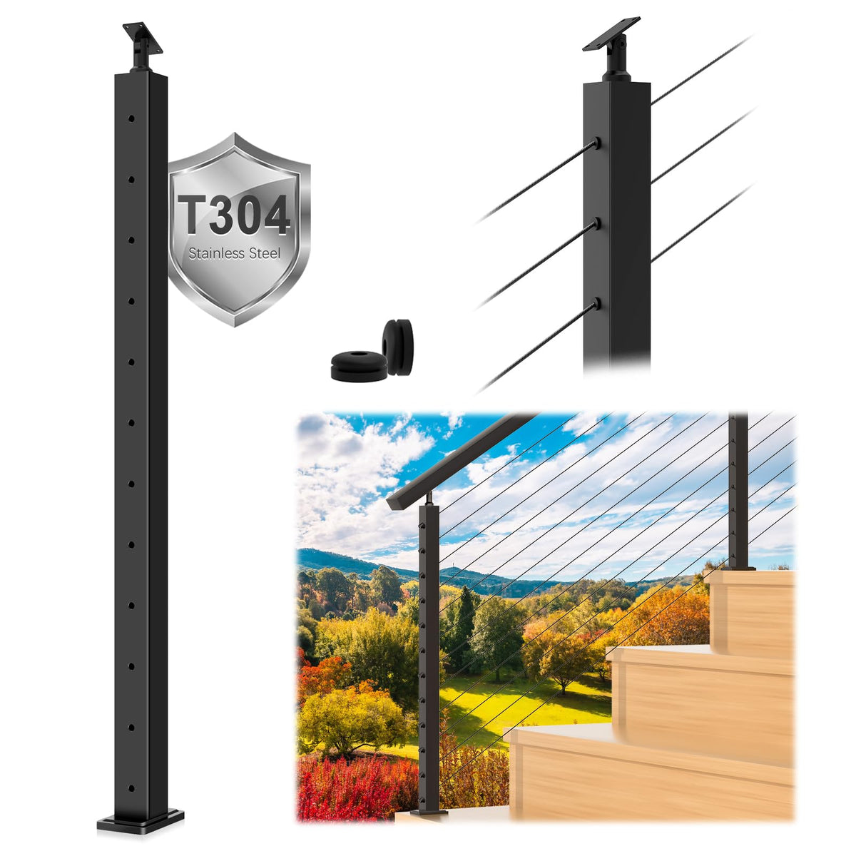 42" Modular 20-24FT Cable Railing Post Kit for Deck, Surface-Mount