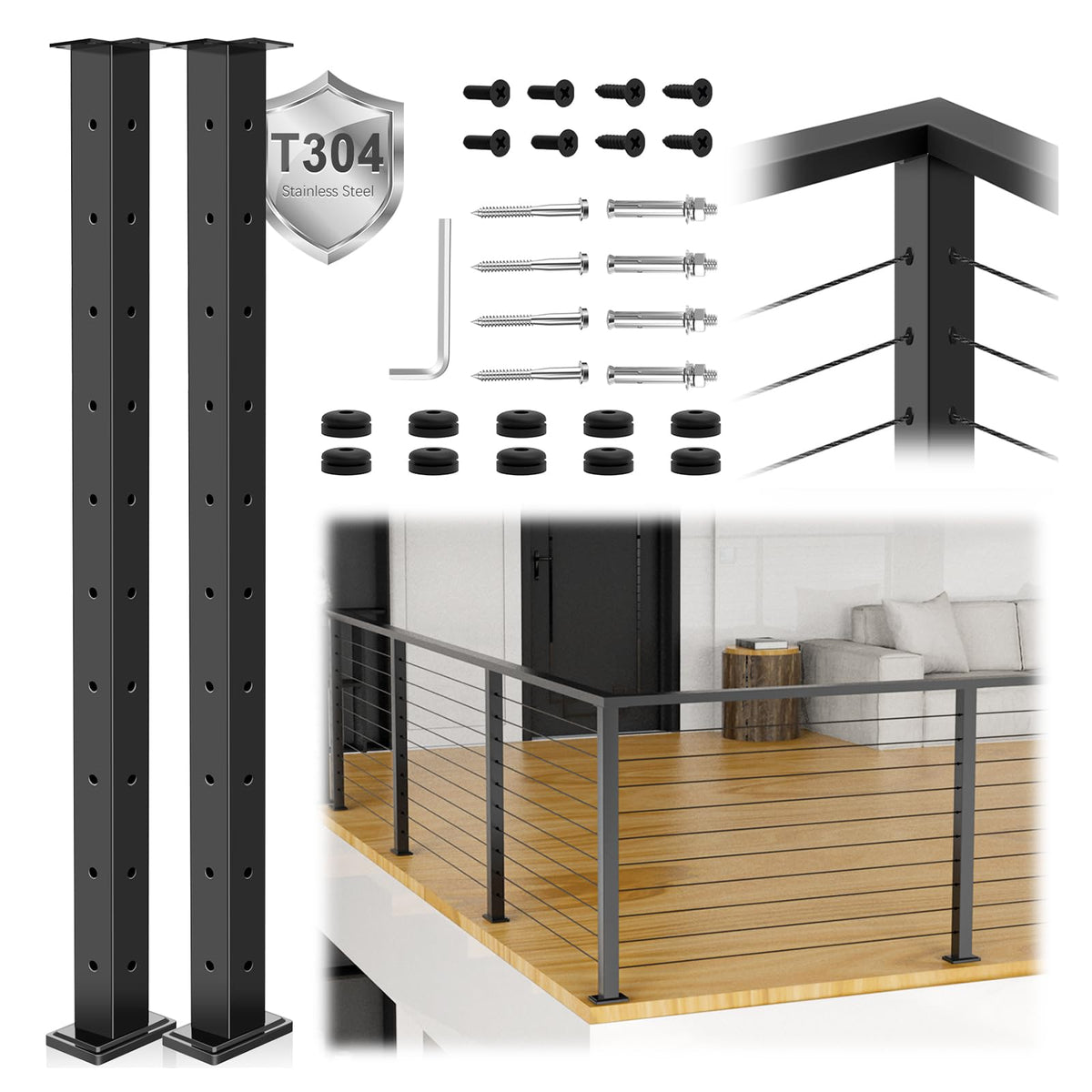 36" Modular 12-16FT Cable Railing Post Kit for Deck Surface Mount