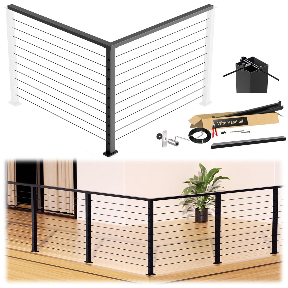 2ft-4ft Modular 36in Cable Railing System for Deck with Handrail