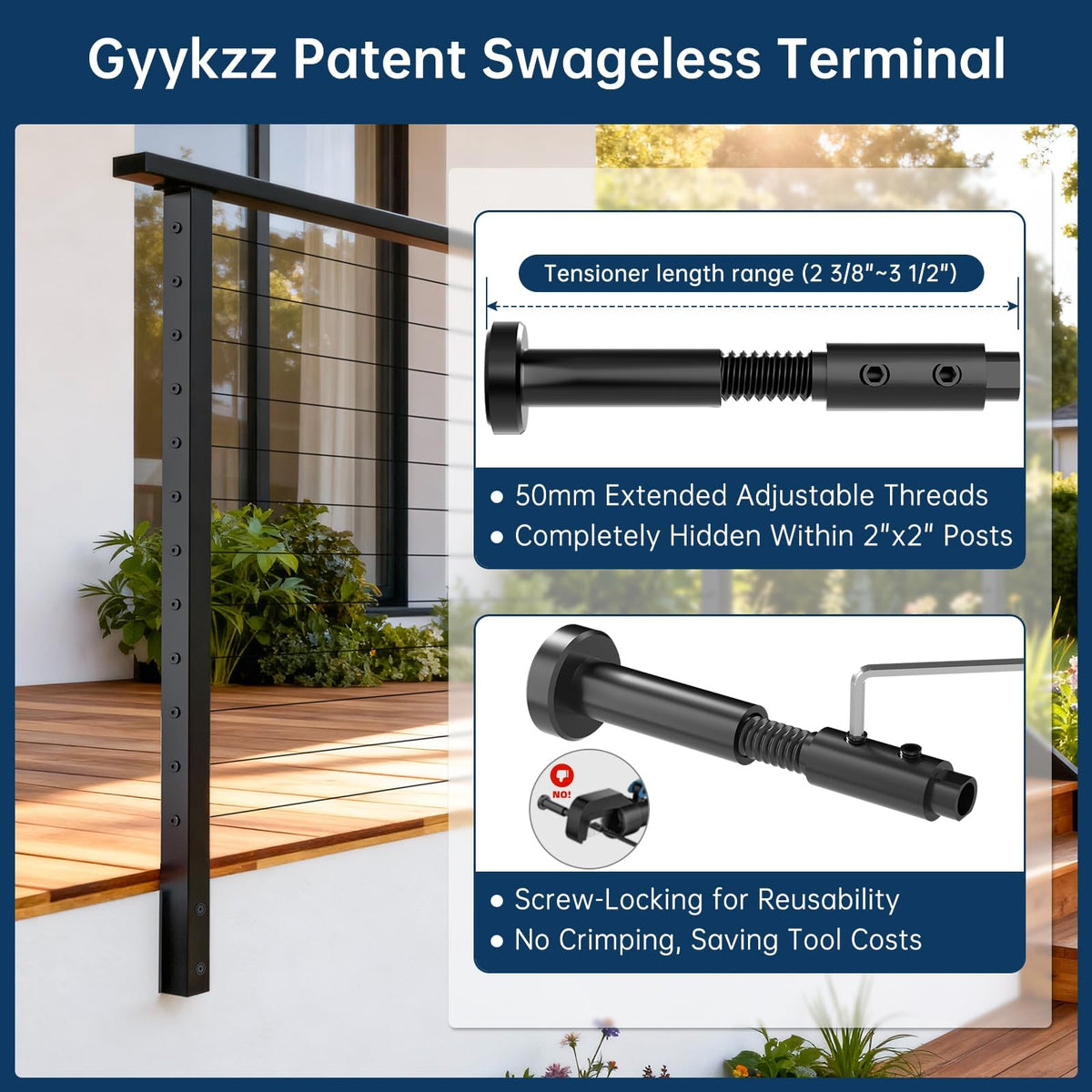 36" All Black Side Mount Stair Cable Railing Post Kits, 3 Pack Space-Saving Fascia Mount Stair Railing System Includes Side Mount Posts, 167FT Cable, 20 Swageless Patent Tensioner (No Handrail)