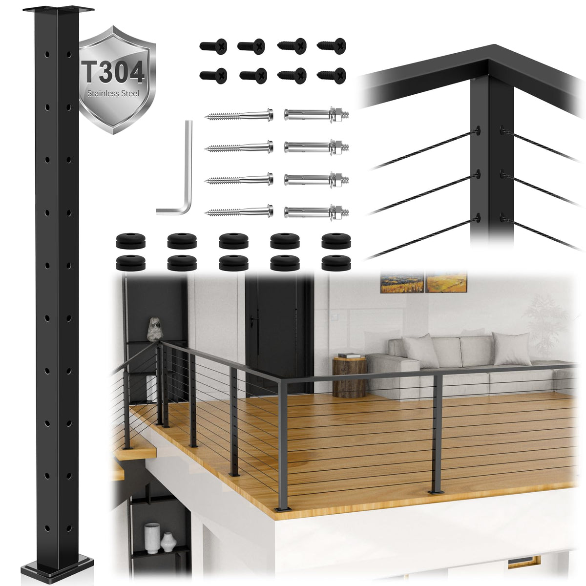 36" Modular 12-16FT Cable Railing Post Kit for Deck Surface Mount