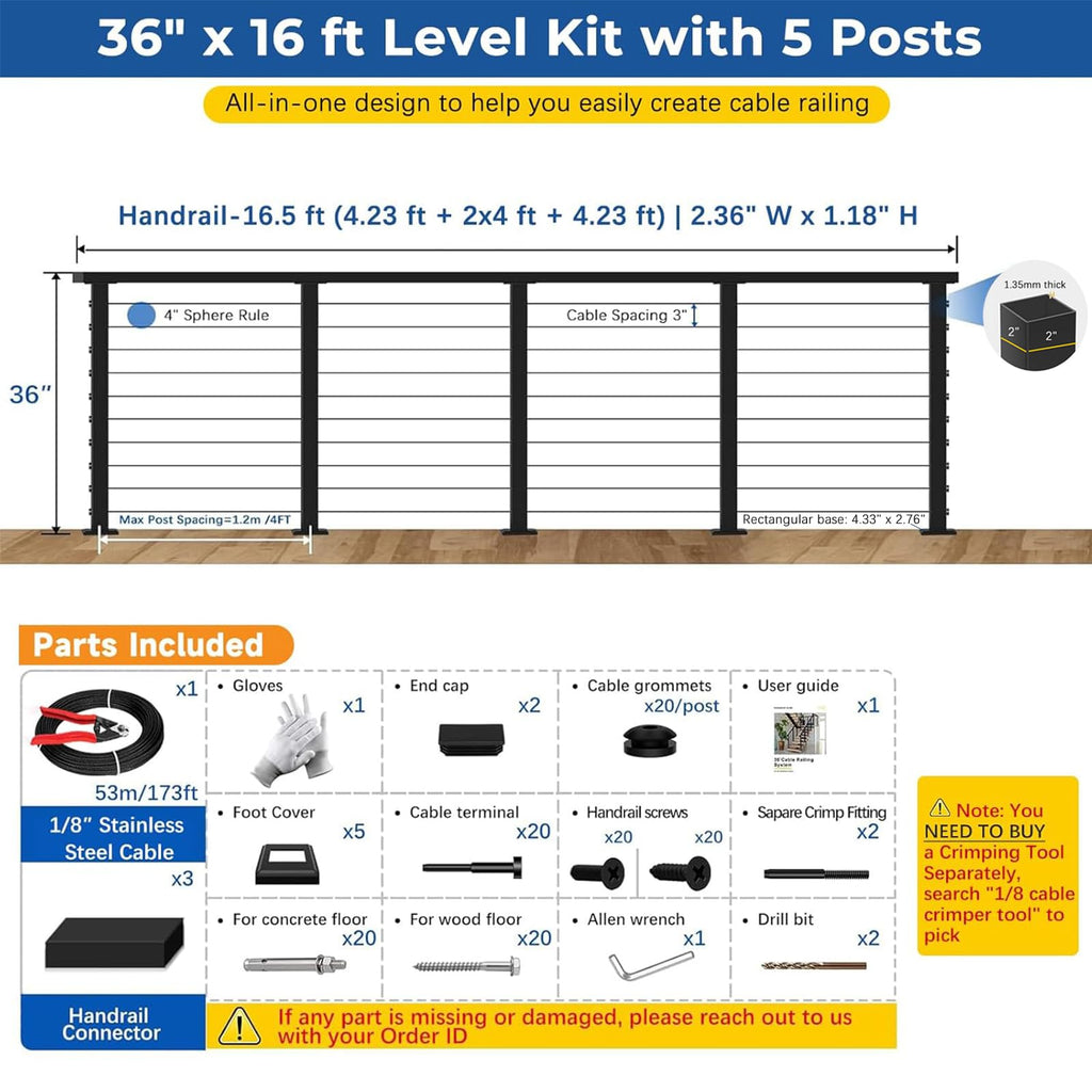 2ft-4ft Modular 36in Cable Railing System for Deck with Handrail