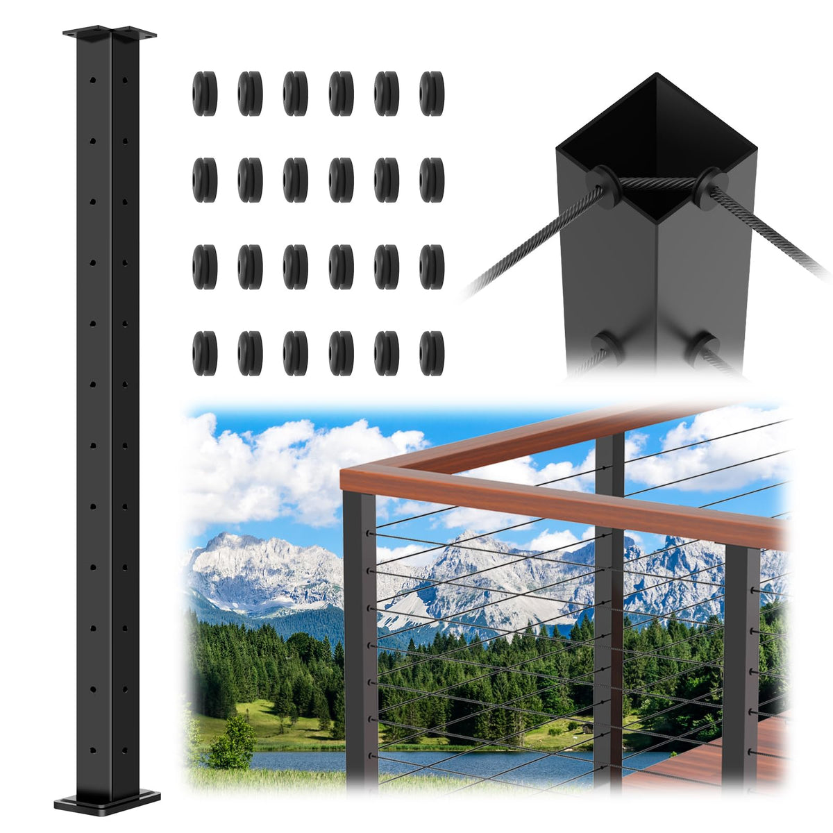42" Modular 20-24FT Cable Railing Post Kit for Deck, Surface-Mount