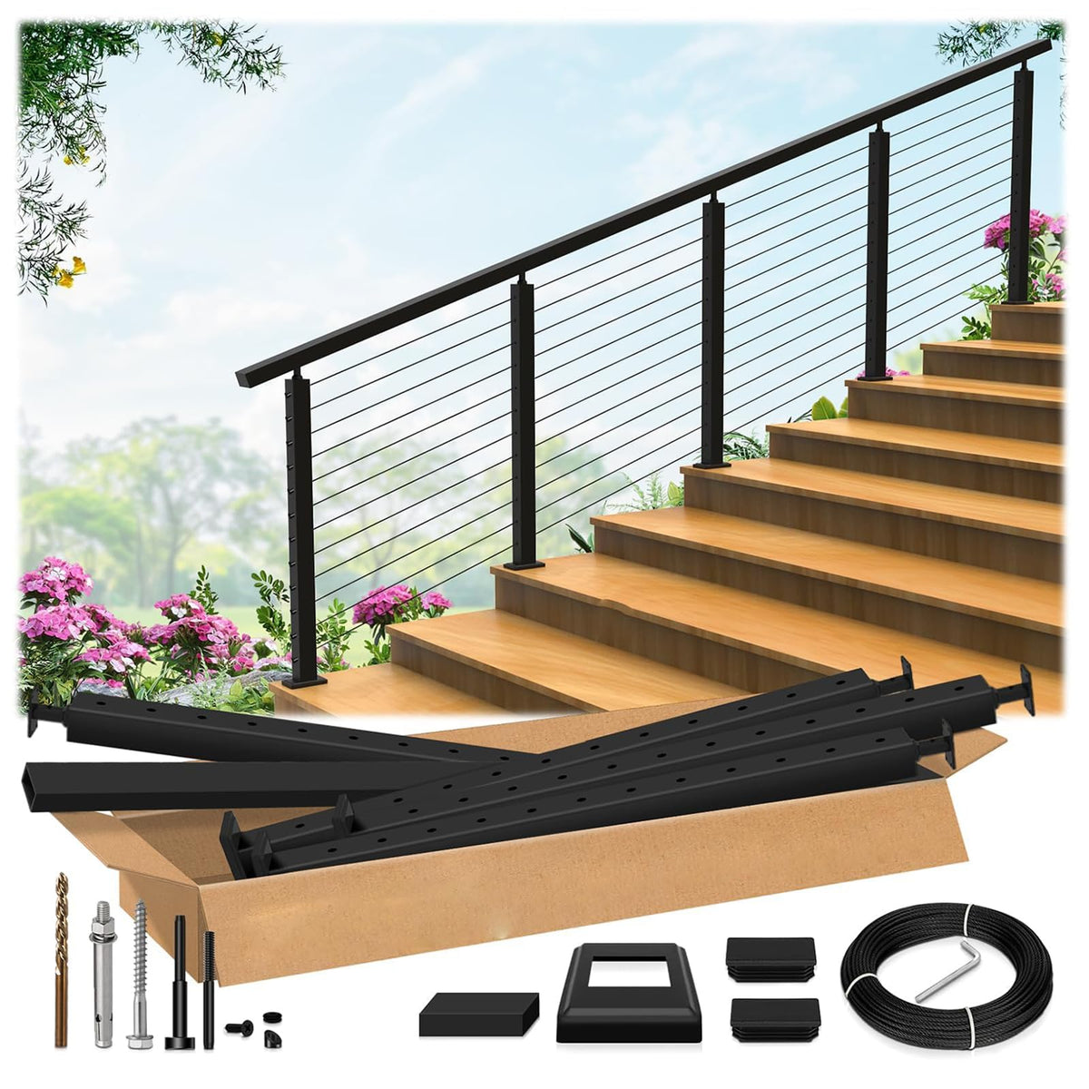 2ft-4ft Modular 42in Cable Railing System for Stair with Handrail