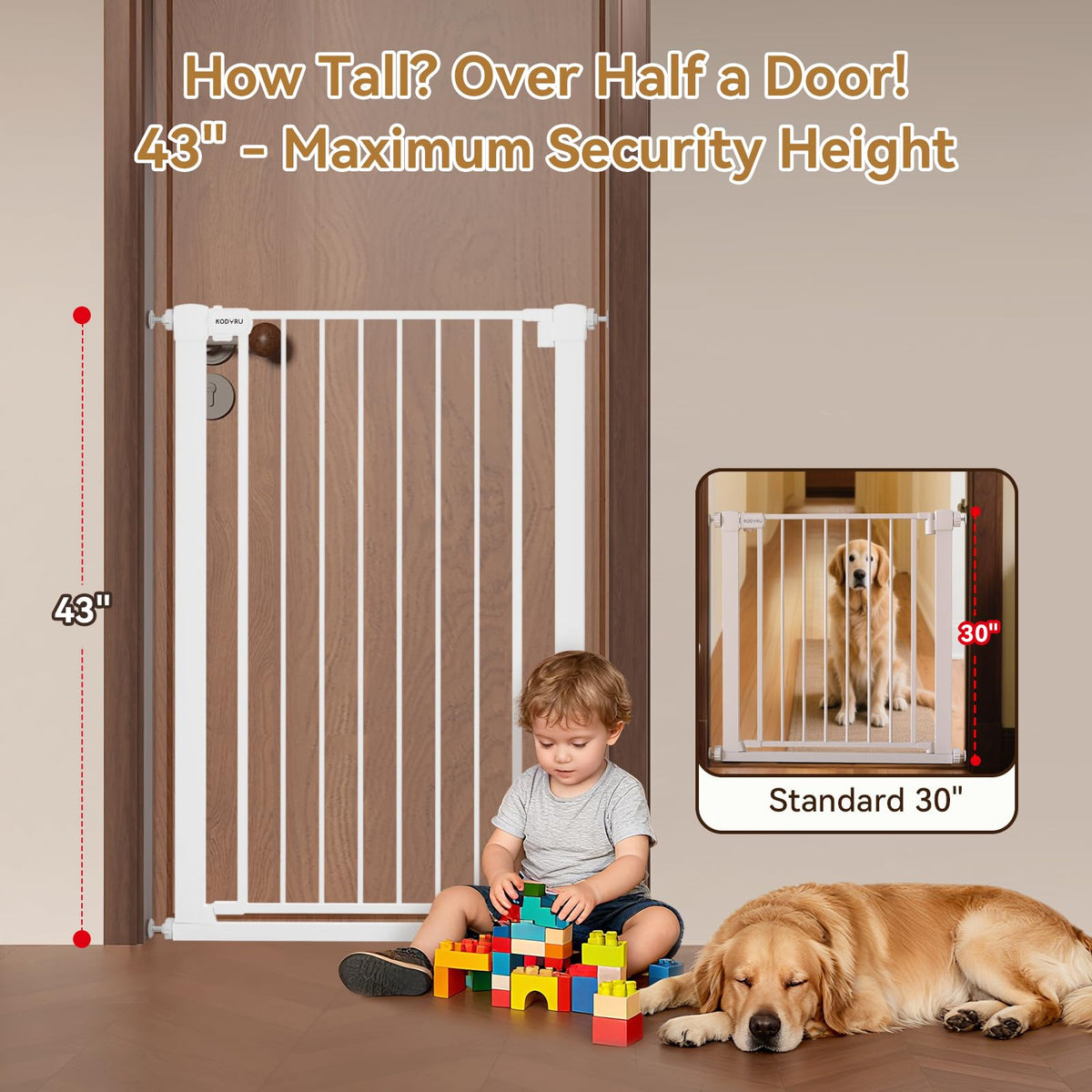 43 inch Tall Safety Dog Gate Adjustable 29.7-45.2inch Extra-Wide Metal Pet Gate Drill-Free Pressure-Mount Installation kit Self-Closing Cat Gate for StairwellsãDoorwaysï¼Blackï¼