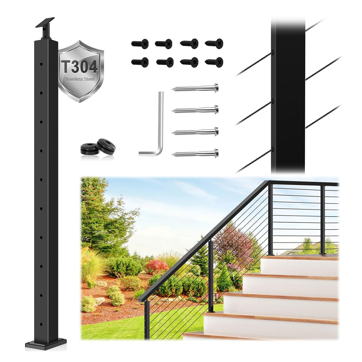 4 Pack 36" Modular Swageless Cable Railing Level Post for Decks