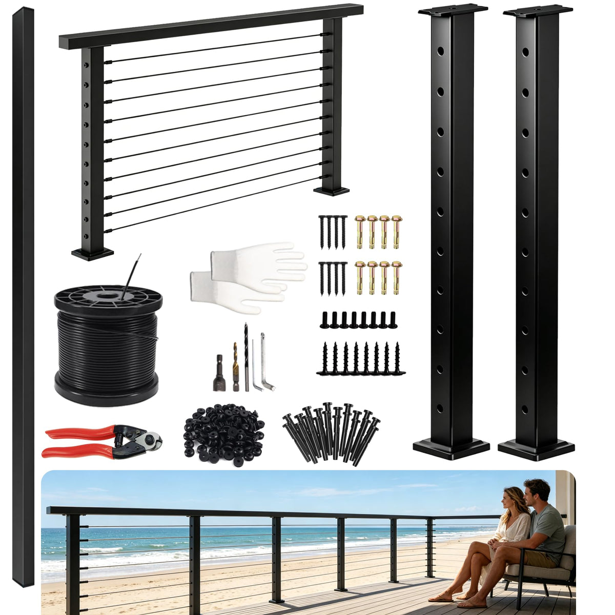 12FT-20FT Cable Railing System Post Kit with Handrail - 4PC 36" Level Posts