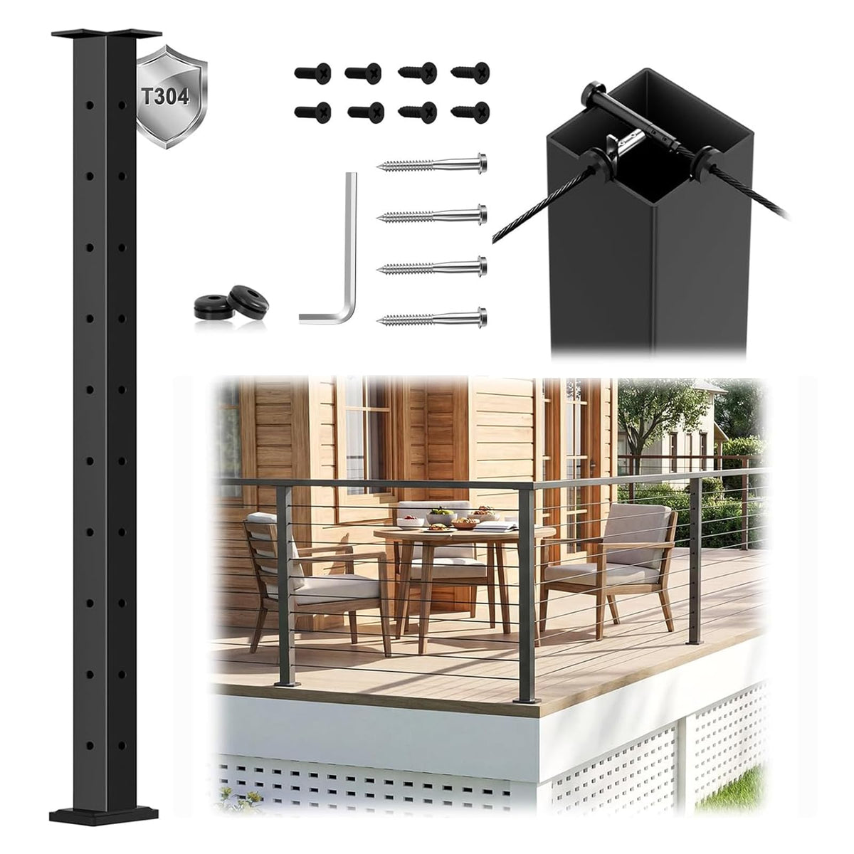 4 Pack 36" Modular Swageless Cable Railing Level Post for Decks