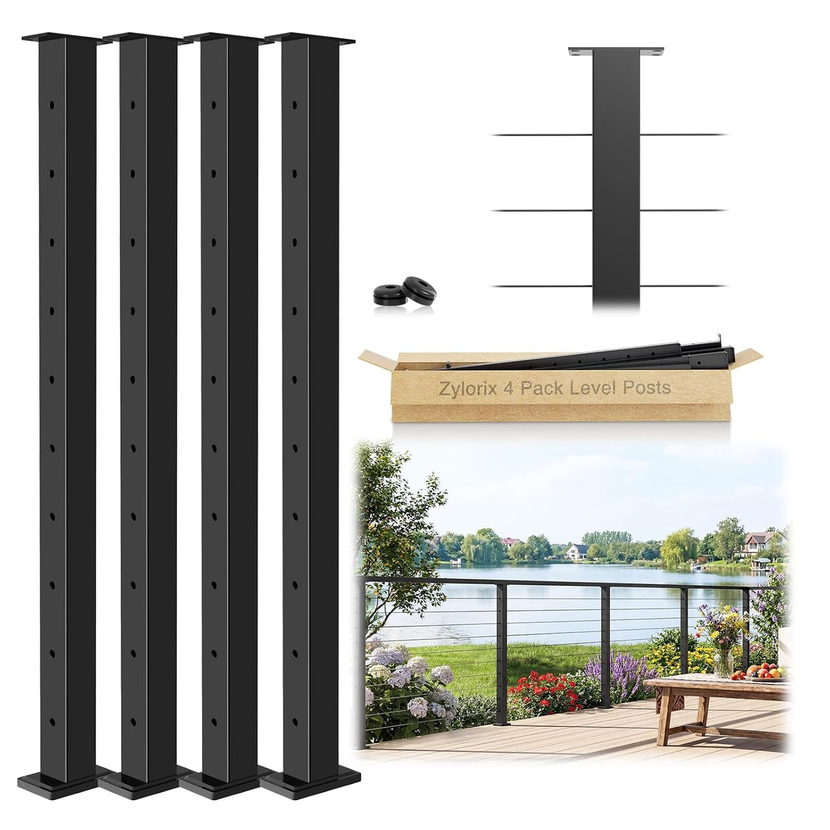 4 Pack 36" Modular Swageless Cable Railing Level Post for Decks