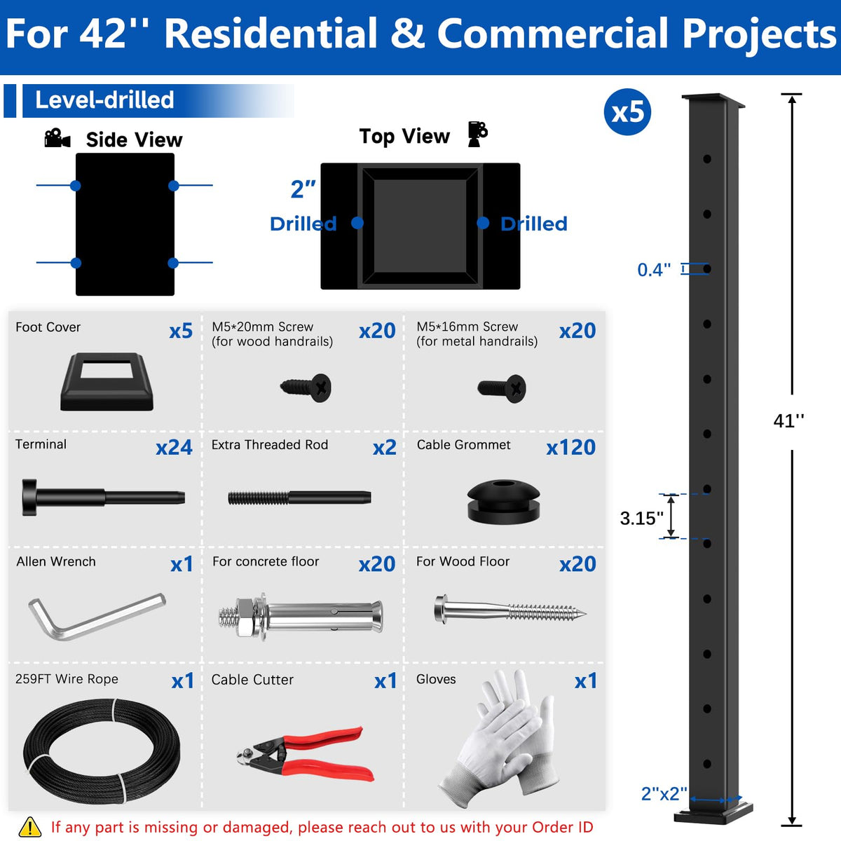 42" Modular 20-24FT Cable Railing Post Kit for Deck, Surface-Mount