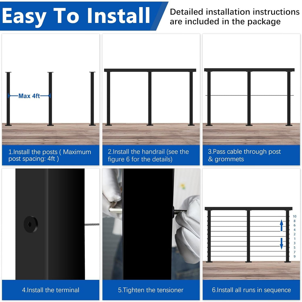 2ft-4ft Modular 36in Cable Railing System for Deck with Handrail