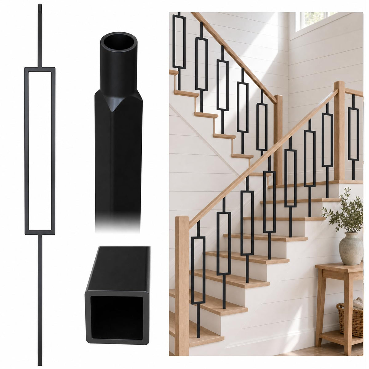 32 Pcs Wrought Iron Balusters for Staircase, 1/2" x 44" Inch Square Metal Stair Balusters for Interior Railing Remodel, Modern Black Straight Hollow Iron Baluster for Handrail Railing System