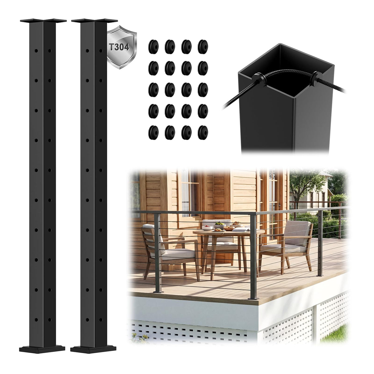 4 Pack 36" Modular Swageless Cable Railing Level Post for Decks