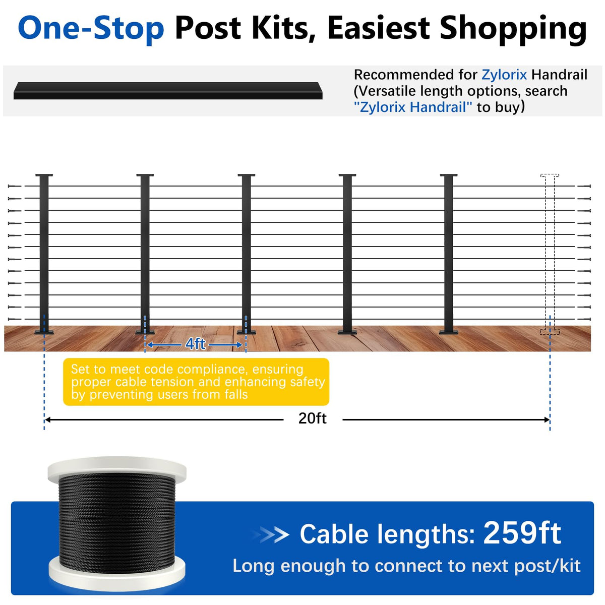 42" Modular 20-24FT Cable Railing Post Kit for Deck, Surface-Mount