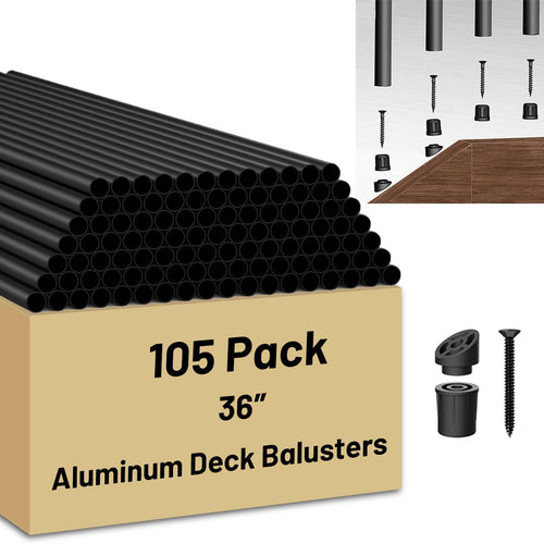 105 Pack 26 inch Aluminum Balusters for Deck Railing,Black Round Metal Spindles for Staircase,3/4" Diameter Hollow Deck Ballasters with Screws and Connectors for Railing Fencing Porch Stair Spindles