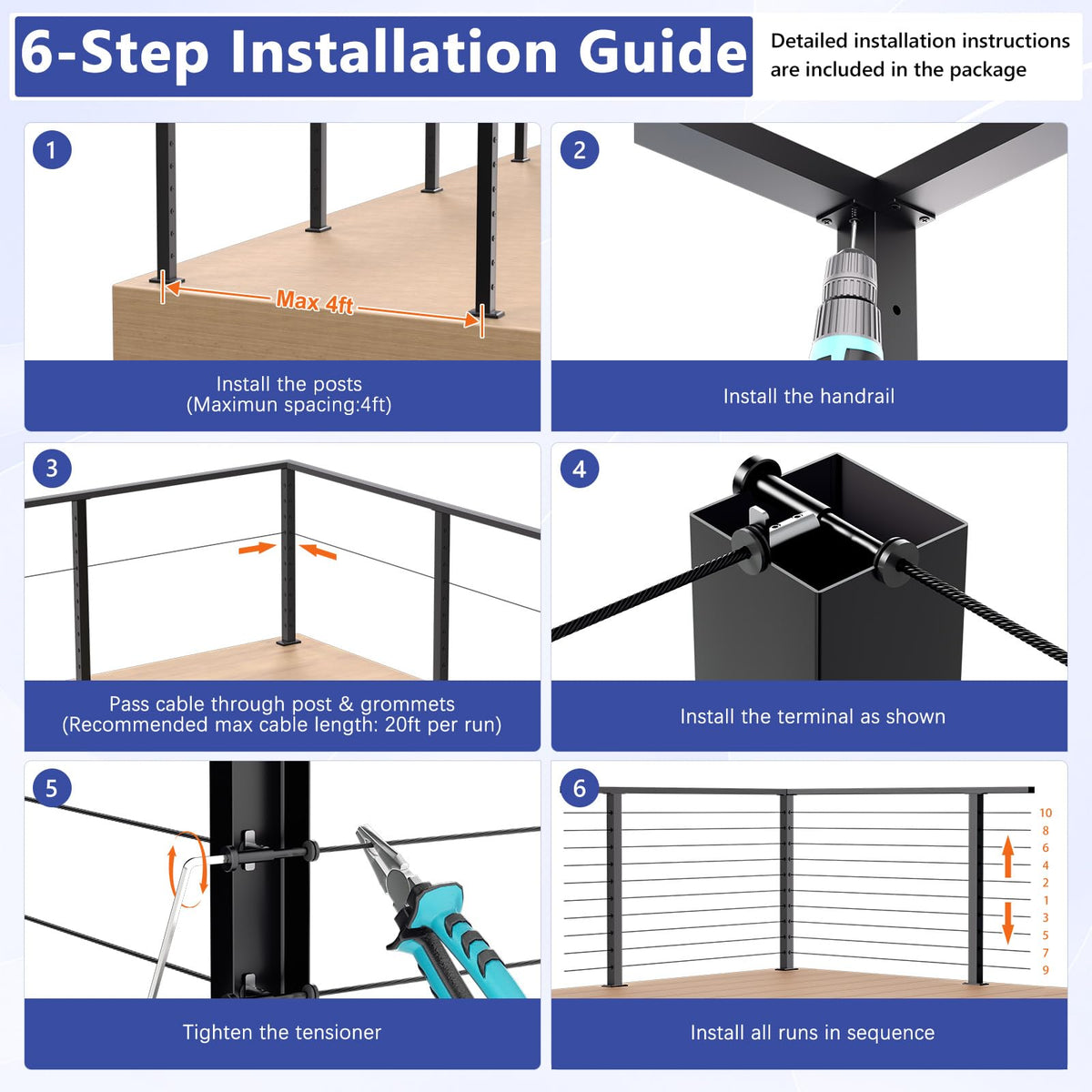 2ft-4ft Modular 36in Cable Railing System for Deck with Handrail