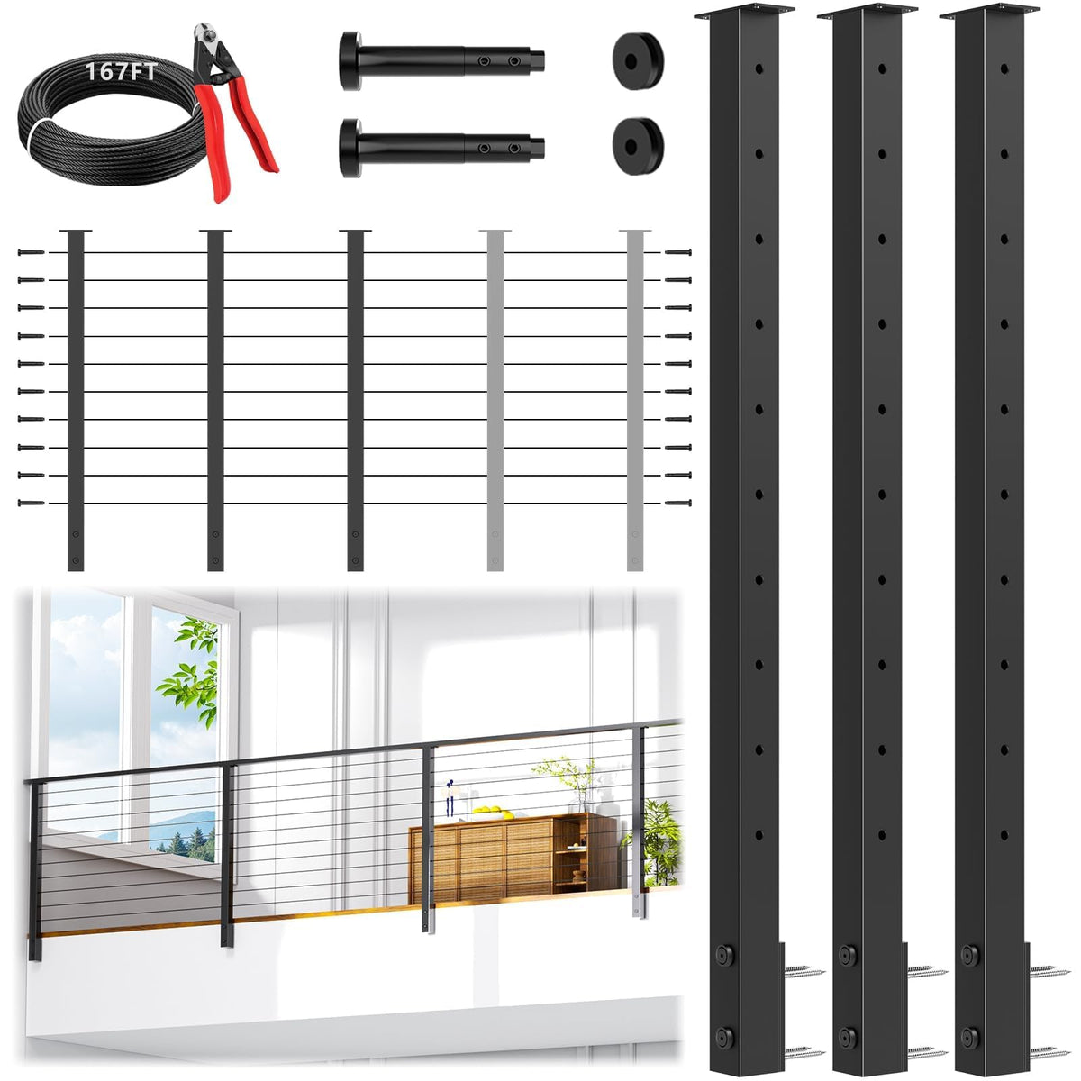 36" All Black Side Mount Stair Cable Railing Post Kits, 3 Pack Space-Saving Fascia Mount Stair Railing System Includes Side Mount Posts, 167FT Cable, 20 Swageless Patent Tensioner (No Handrail)