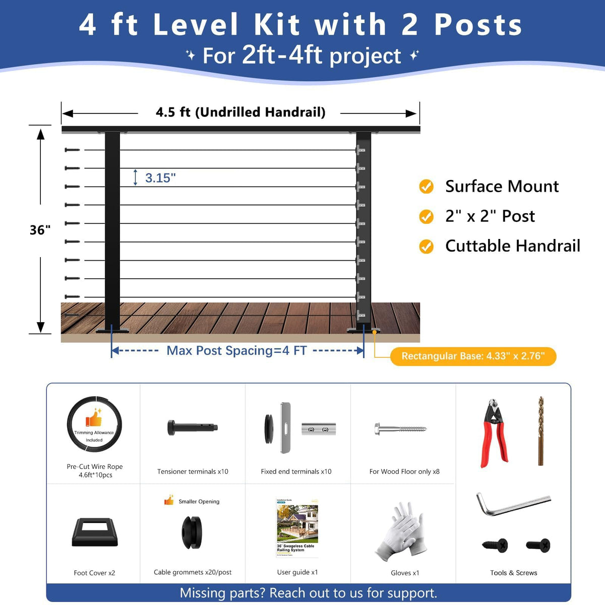 4-8FT Modular 36" Swageless Cable Railing System with Handrail