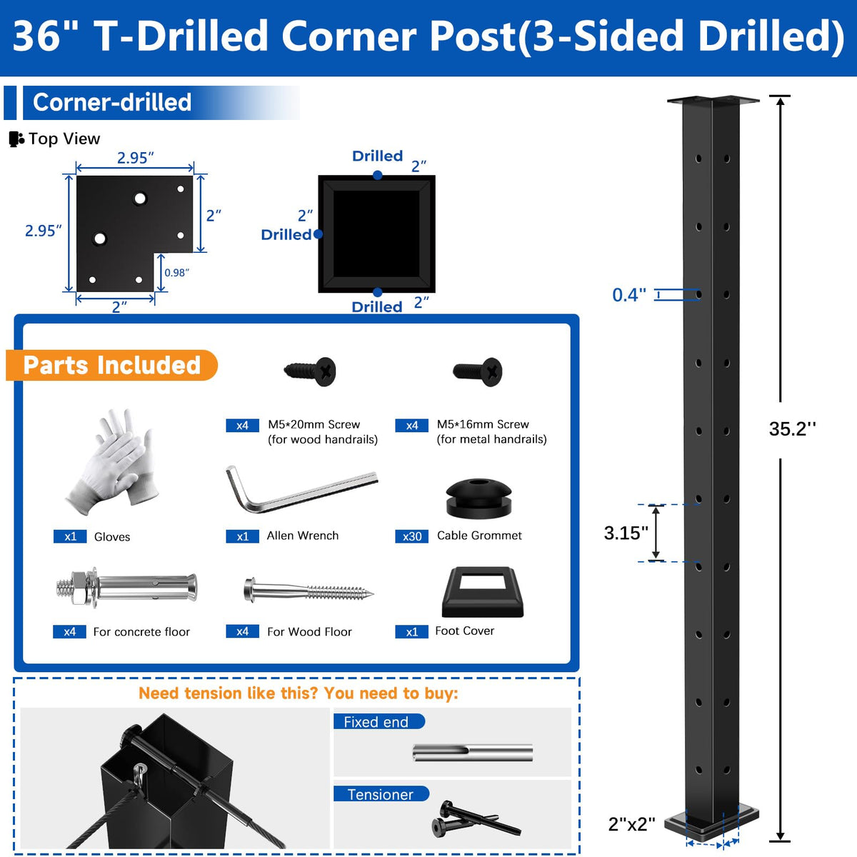 36" Modular 12-16FT Cable Railing Post Kit for Deck Surface Mount