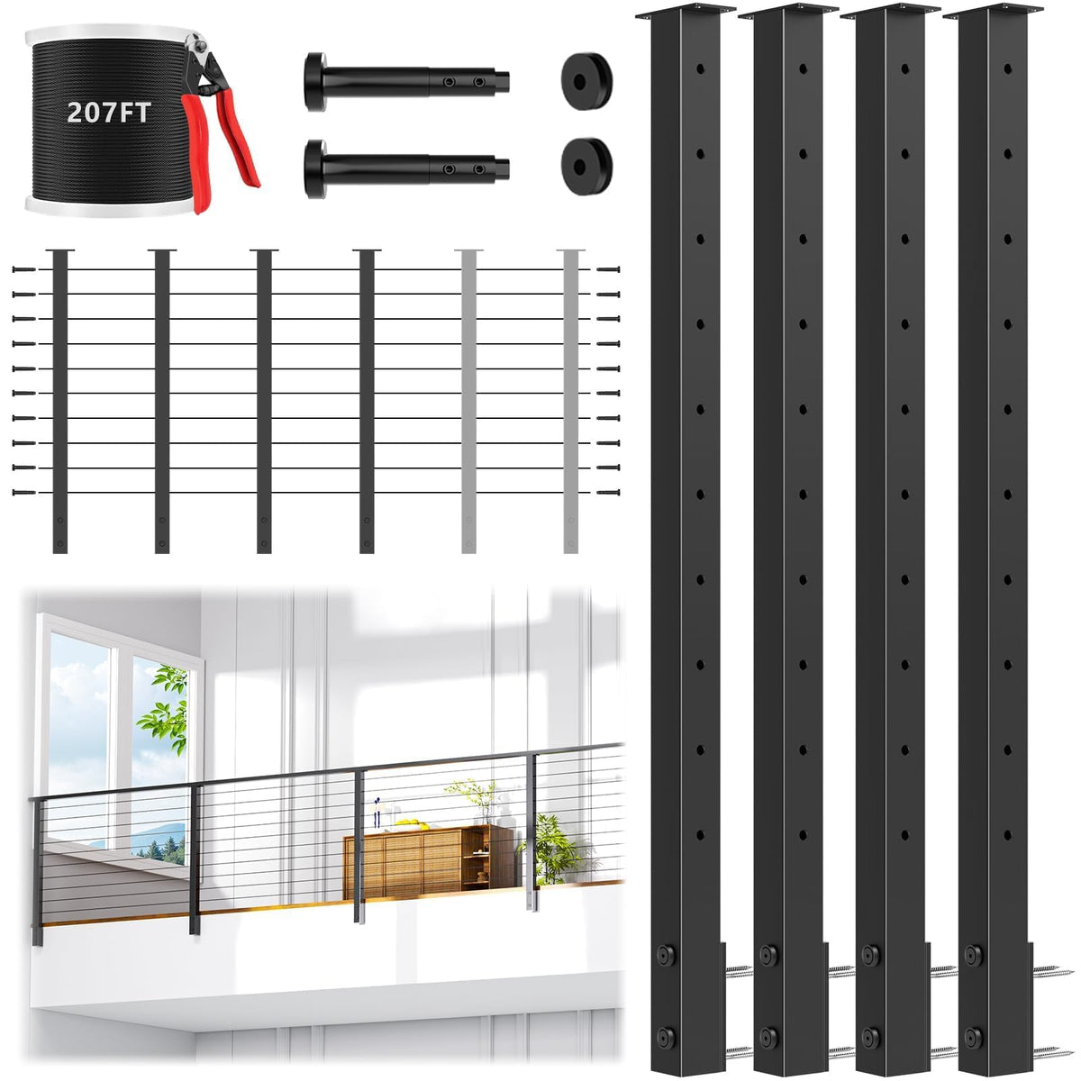 36" All Black Side Mount Stair Cable Railing Post Kits, 3 Pack Space-Saving Fascia Mount Stair Railing System Includes Side Mount Posts, 167FT Cable, 20 Swageless Patent Tensioner (No Handrail)