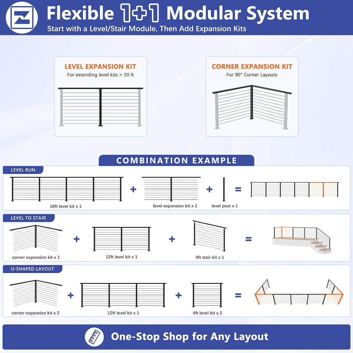 2ft-4ft Modular 36in Cable Railing System for Deck with Handrail