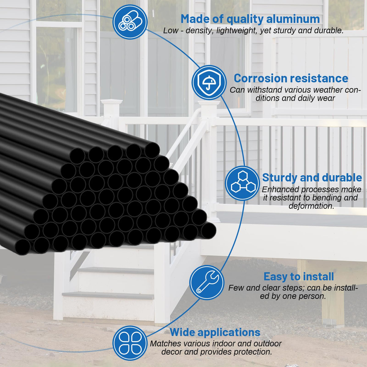 105 Pack 26 inch Aluminum Balusters for Deck Railing,Black Round Metal Spindles for Staircase,3/4" Diameter Hollow Deck Ballasters with Screws and Connectors for Railing Fencing Porch Stair Spindles