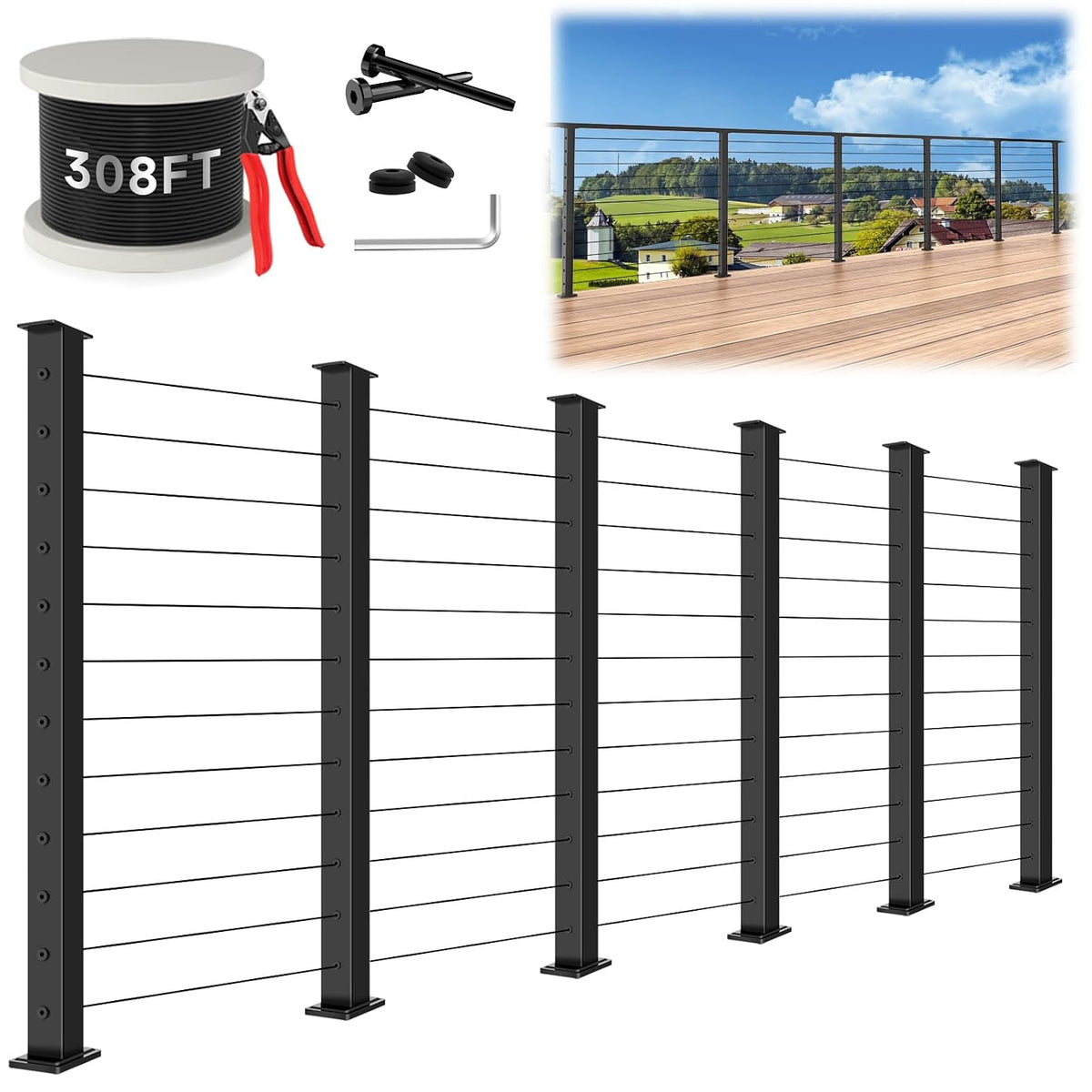 42" Modular 20-24FT Cable Railing Post Kit for Deck, Surface-Mount