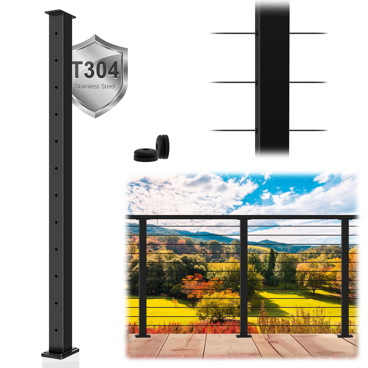 42" Modular 20-24FT Cable Railing Post Kit for Deck, Surface-Mount