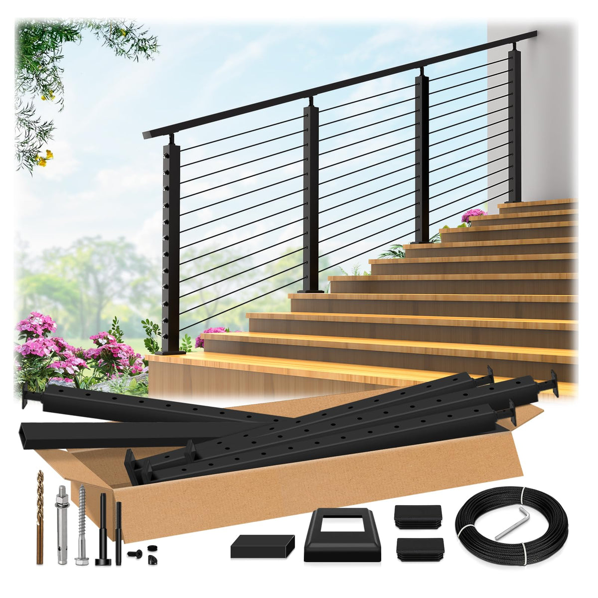 2ft-4ft Modular 42in Cable Railing System for Stair with Handrail