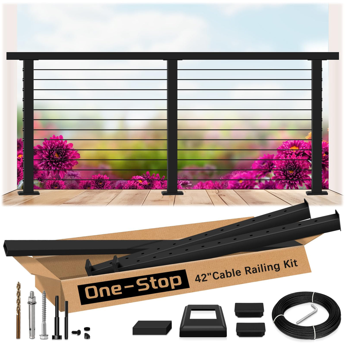 2ft-4ft Modular 42in Cable Railing System for Stair with Handrail