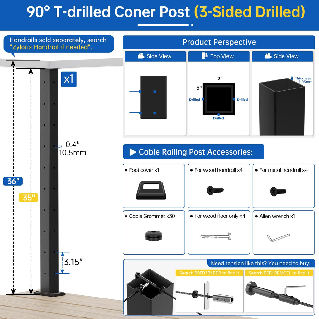 4 Pack 36" Modular Swageless Cable Railing Level Post for Decks