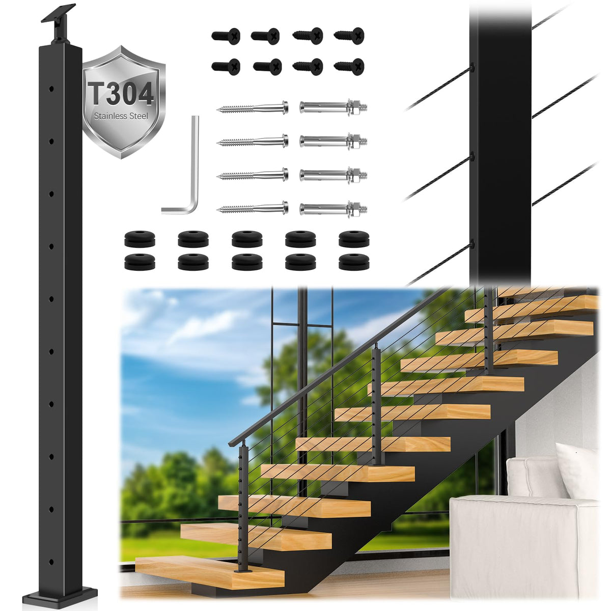 36" Modular 12-16FT Cable Railing Post Kit for Deck Surface Mount