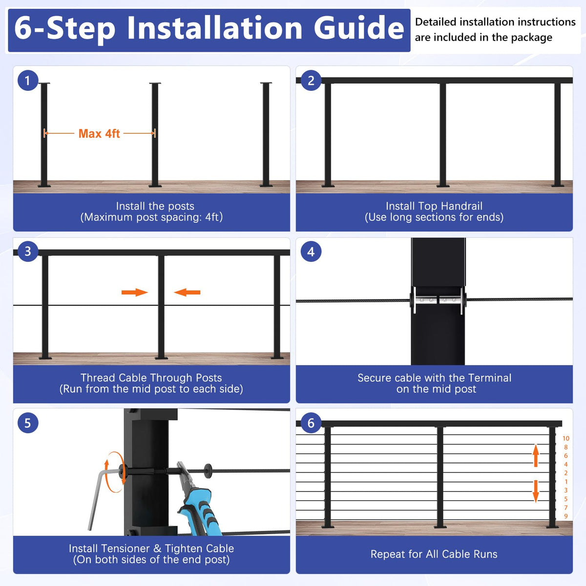2ft-4ft Modular 36in Cable Railing System for Deck with Handrail