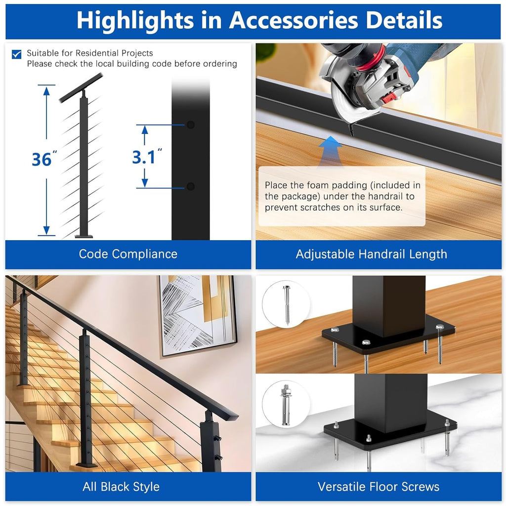 2ft-4ft Modular 36in Cable Railing System for Deck with Handrail