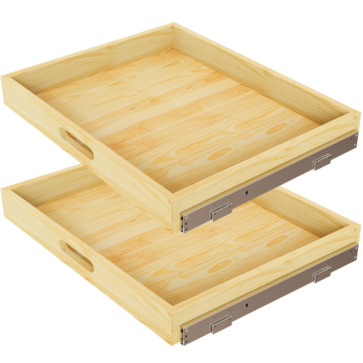 2 Set Pull Out Cabinet Organizer, Soft Close Slide Out Wood Drawer Storage Shelves for Kitchen, Base Cabinet Organization for Pantry, Finished, Heavy-Duty, Bottom Assembly (18â W x 21â D)